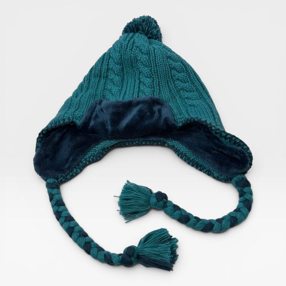 Mountain Hardwear Womens Large Teal Cable Knit Earflap Beanie Hat Fleece Lined